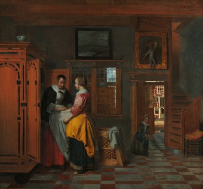 Interior con mujeres junto a un armario de ropa blanca de Pieter de Hooch