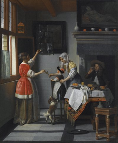 Interior con un niño alimentando a un loro de Pieter de Hooch