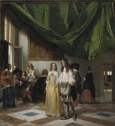 Interior con una pareja joven y personas haciendo música de Pieter de Hooch