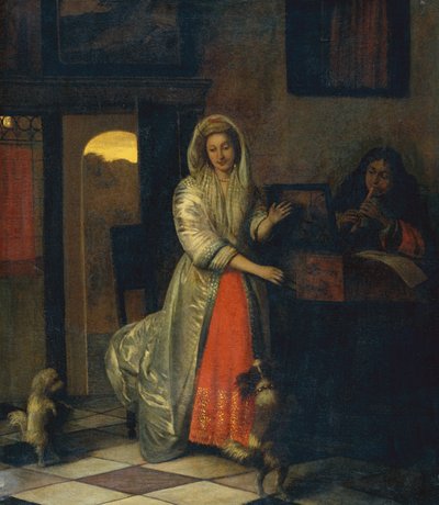 Dama y caballero haciendo música con perros bailarines de Pieter de Hooch