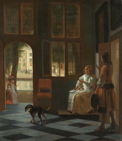 Hombre entregando una carta a una mujer en el vestíbulo de una casa de Pieter de Hooch