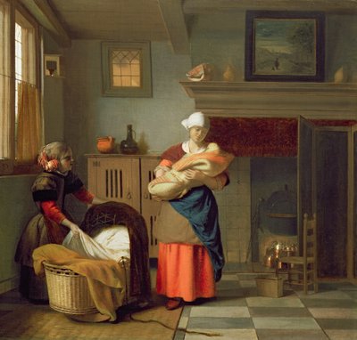 Niñera con bebé en un interior y una niña preparando la cuna de Pieter de Hooch
