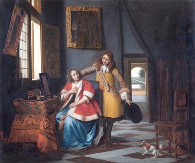 El Intruso: Una dama en su retrete, sorprendida por su amante de Pieter de Hooch