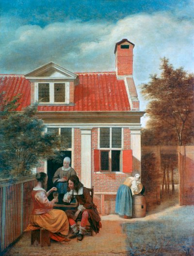 Tres mujeres y un hombre en un patio detrás de una casa, c1657-1659 de Pieter de Hooch