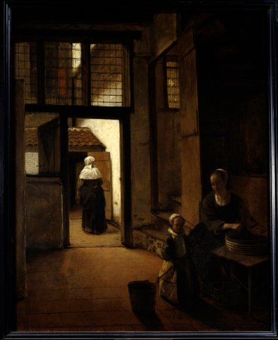 Vista del patio trasero de una casa holandesa de Pieter de Hooch