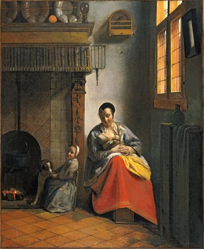 Mujer amamantando a un bebé, con un niño y un perro de Pieter de Hooch