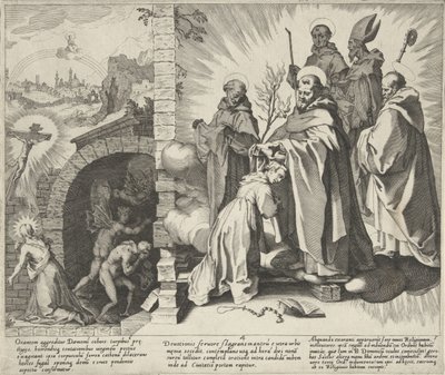 Catharina biddend / Visioen van Catharina / Catharina wordt Dominicanes Scènes uit het leven en wonderen van de Heilige Catharina van Siena (título de la serie) Vida, muerte y milagros seleccionados de B. Catalina la Mayor (...) (título de la serie) de Pieter de Jode (I)