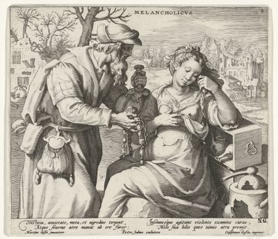 El temperamento melancólico Melancholicvs (título sobre objeto) Los cuatro temperamentos (título de la serie) de Pieter de Jode (I)