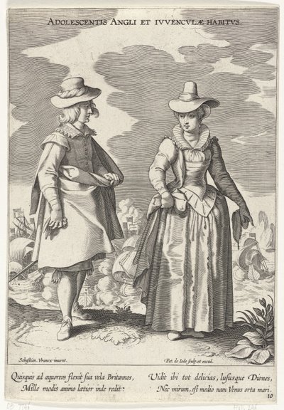 Paar, modo gekleed volgens de Engelse, ca. 1610 Inglés adolescente y hábitos ingleses (título en objeto) Kostuums uit verschiedelden landen (título de la serie) Adornos de varias naciones (título de la serie) de Pieter de Jode (I)