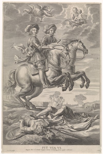 Fernando de Austria con Fernando, rey de Bohemia y Hungría, a caballo en la victoria de Nördlingen Entrada gozosa del Cardinal-Infant en Gante, 1635 (título de la serie) de Pieter de Jode (II)