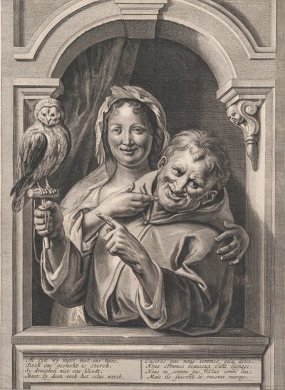 Un tonto con un búho y una mujer en una ventana, siglo XVII de Pieter de Jode II