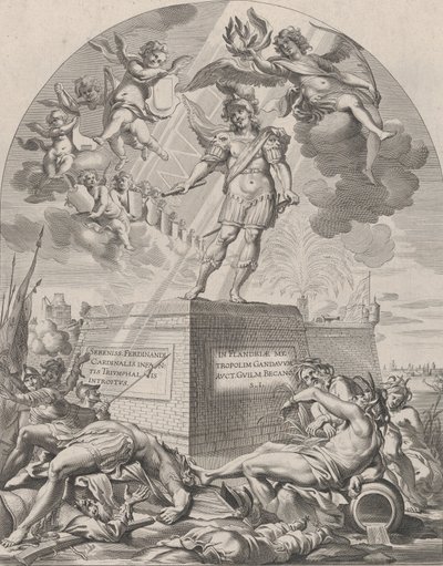 Placa 1: Fernando como Marte, de pie sobre un pedestal, de 
