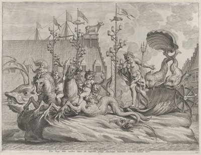 Placa 35: Felipe de España como Neptuno, montado en un carro tirado por dos caballos marinos, de Gu..., 1636 de Pieter de Jode II
