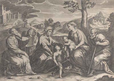 La Sagrada Familia a la derecha, con el infante San Juan Bautista, Isabel, Zacarías..., 1631-37 de Pieter de Jode II