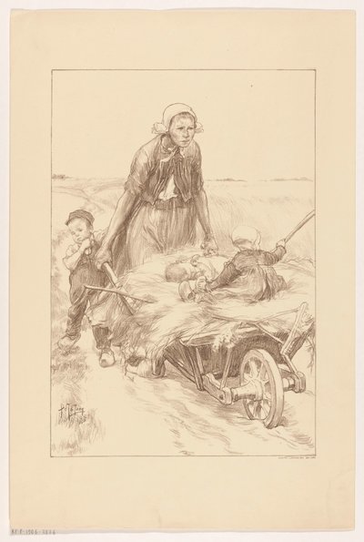 Mujer campesina empujando una carretilla con heno y dos niños de Pieter de Josselin