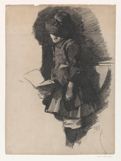 Chica de pie con sombrero, mirando un libro de Pieter de Josselin