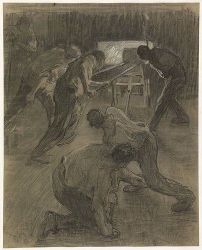 Seis trabajadores trabajando en los altos hornos de Pieter de Josselin