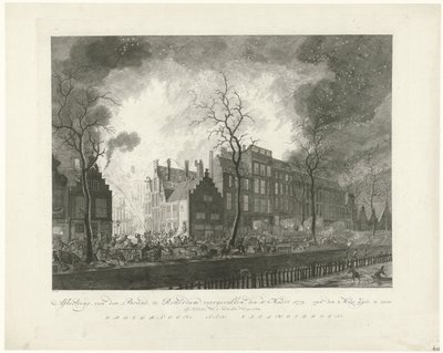 Incendio en Pottery Alley en Rotterdam, 1779 Imagen, van den Brand, ocurrido en Rotterdam, el 11. Marzo de 1779. van den Maas Silk en exhibición (título sobre el objeto) de Pieter de Mare
