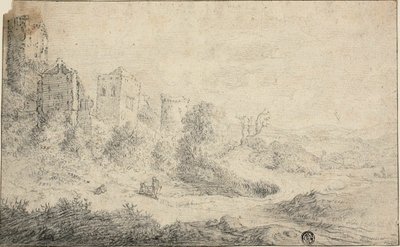 Paisaje con castillo en ruinas y tres figuras de Pieter de Molijn