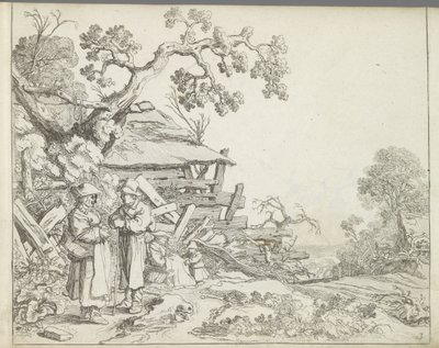 Paisaje con un granjero y su esposa. Paisajes con figuras (título de serie) Espejo de la Naturaleza y Escuela de Dibujo (...) (título de la serie) de Pieter de Molijn