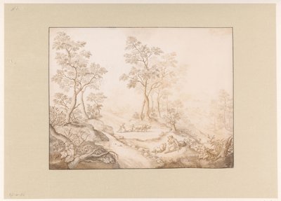 Paisaje boscoso con una mujer, un hombre y un agricultor de Pieter de Porck