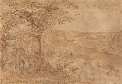 Paisaje con peregrinos (pluma y tinta marrón sobre papel) de Pieter Bruegel the Elder