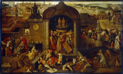 Cristo expulsando al prestamista del templo. (Cristo expulsando al prestamista del templo). Con escenas de la Pasión de Cristo de fondo, ante el panorama de la ciudad. Pintura de un artista holandés influenciado por Hieronymus (Jerome) Bos de Pieter Bruegel the Elder