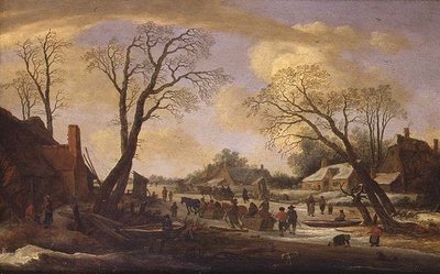 Un paisaje fluvial de invierno con campesinos y trineos tirados por caballos de Pieter the Elder Molyn