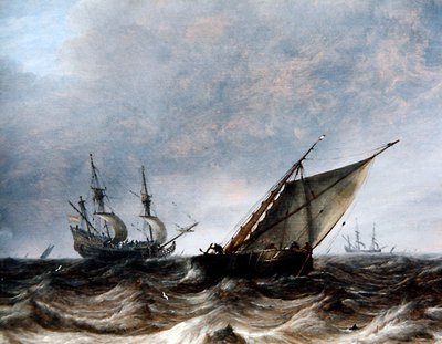 Un smalschip y un barco de guerra en mares agitados de Pieter the Elder Mulier