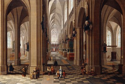 El interior de una catedral gótica con ciudadanos y peregrinos, 1647 de Pieter the Elder Neeffs