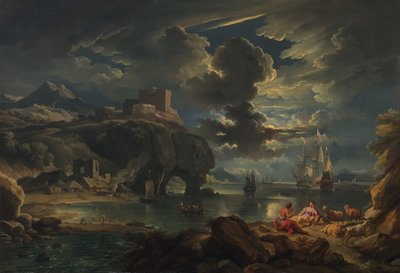 Un paisaje costero mediterráneo a la luz de la luna, c.1700-01 de Pieter the Younger Mulier