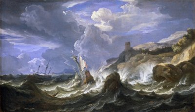Naufragio en una tormenta cerca de una costa rocosa. Óleo sobre lienzo, mediados del siglo XVII, de Pieter Mulier II el Joven (o Pietro Mulieribus o Pietro Cavaliere Tempesta) (1637-1701). de Pieter the Younger (1637 1701) Mulier