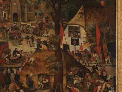Festival de un pueblo, con una representación teatral y una procesión en honor a San Huberto y San Antonio de Pieter Brueghel the Younger
