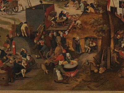 Festival de un pueblo, con una representación teatral y una procesión en honor a San Huberto y San Antonio de Pieter Brueghel the Younger