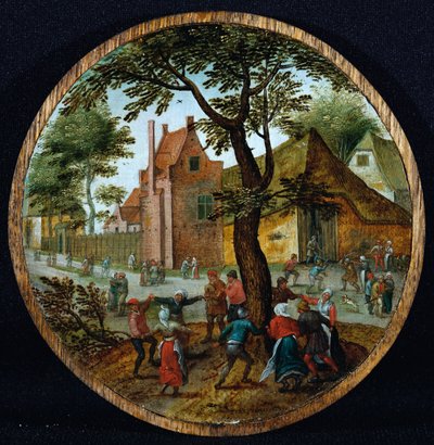 Campesinos bailando alrededor de un árbol en una calle del pueblo, 1625 de Pieter Brueghel the Younger