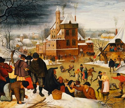 Gente del pueblo patinando en el foso de un castillo de Pieter the Younger Brueghel