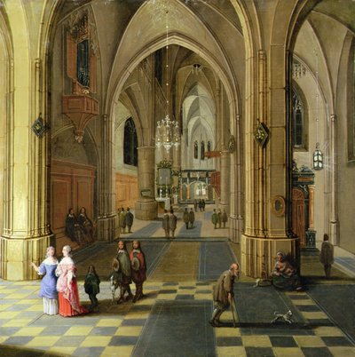 El interior de una catedral gótica con dos mujeres en conversación de Pieter the Younger Neeffs