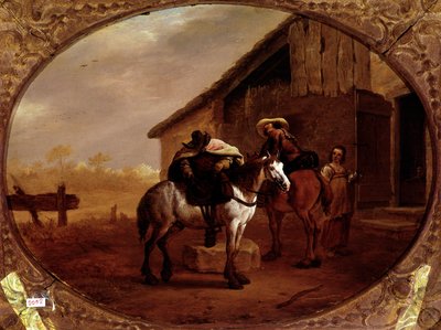 Salida del hotel. Dos jinetes montan sus caballos después de una parada en una posada. Pintura de Pieter Van Laer dit Bamboccio (1592/5-1642) (ec.holl.) Siglo XVII. París, museo del Louvre de Pieter van Laar