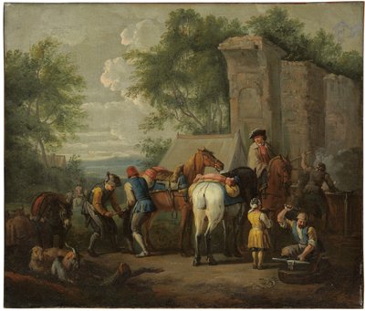 Un herrero militar herrando caballos junto a una ruina de Pieter van Bloemen