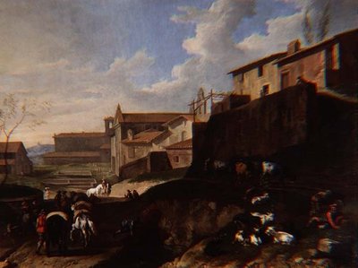 Vista caprichosa con iglesias, cabañas y viajeros de Pieter van Bloemen