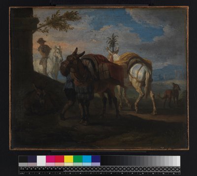 Mulas deteniéndose al borde del camino, antes de 1720 de Pieter van Bloemen