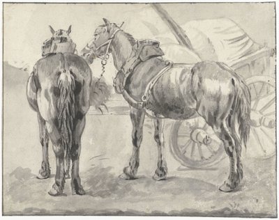 Dos caballos de enganche junto a un carro de Pieter van Bloemen