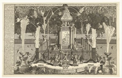 Fuegos artificiales en honor a la paz de Utrecht, 1713 Fuegos artificiales de paz holandeses erigidos por los estados Noble Groot Mogende Heeren de Holanda y Frisia Occidental, disparados en el río hacia La Haya (...) (título sobre el objeto) de Pieter van Buysen jr.
