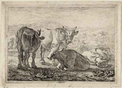 Alemán: Drei Rinder und ein schlafender Hirte
Francés: Les boeufs
Tres vacas y un pastor dormido de Pieter van Laer