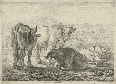 Alemán: Drei Rinder und ein schlafender Hirte
Francés: Les boeufs
Tres vacas y un pastor dormido de Pieter van Laer