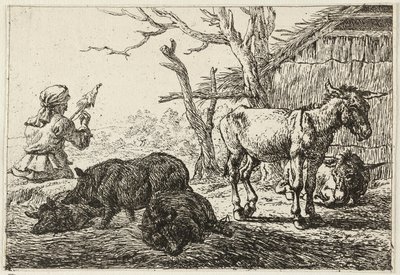 Cerdos y burros en un establo, a la izquierda una hilandera de Pieter van Laer
