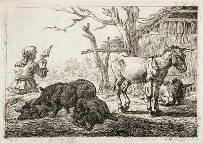 Cerdos y burros en un establo, a la izquierda una hilandera de Pieter van Laer
