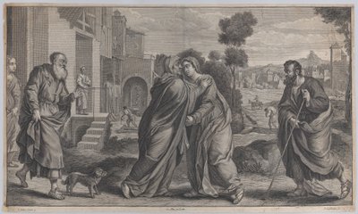 Visitación, Santa Isabel abrazando a la Virgen en el centro mientras San José camina hacia..., ca. 1656-60 de Pieter van Lisebetten