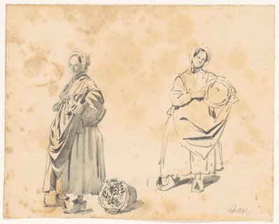 Dos estudios de una mujer de pie con cesta de Pieter van Loon