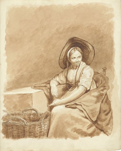Chica sentada con un gran sombrero y una cesta de Pieter van Loon